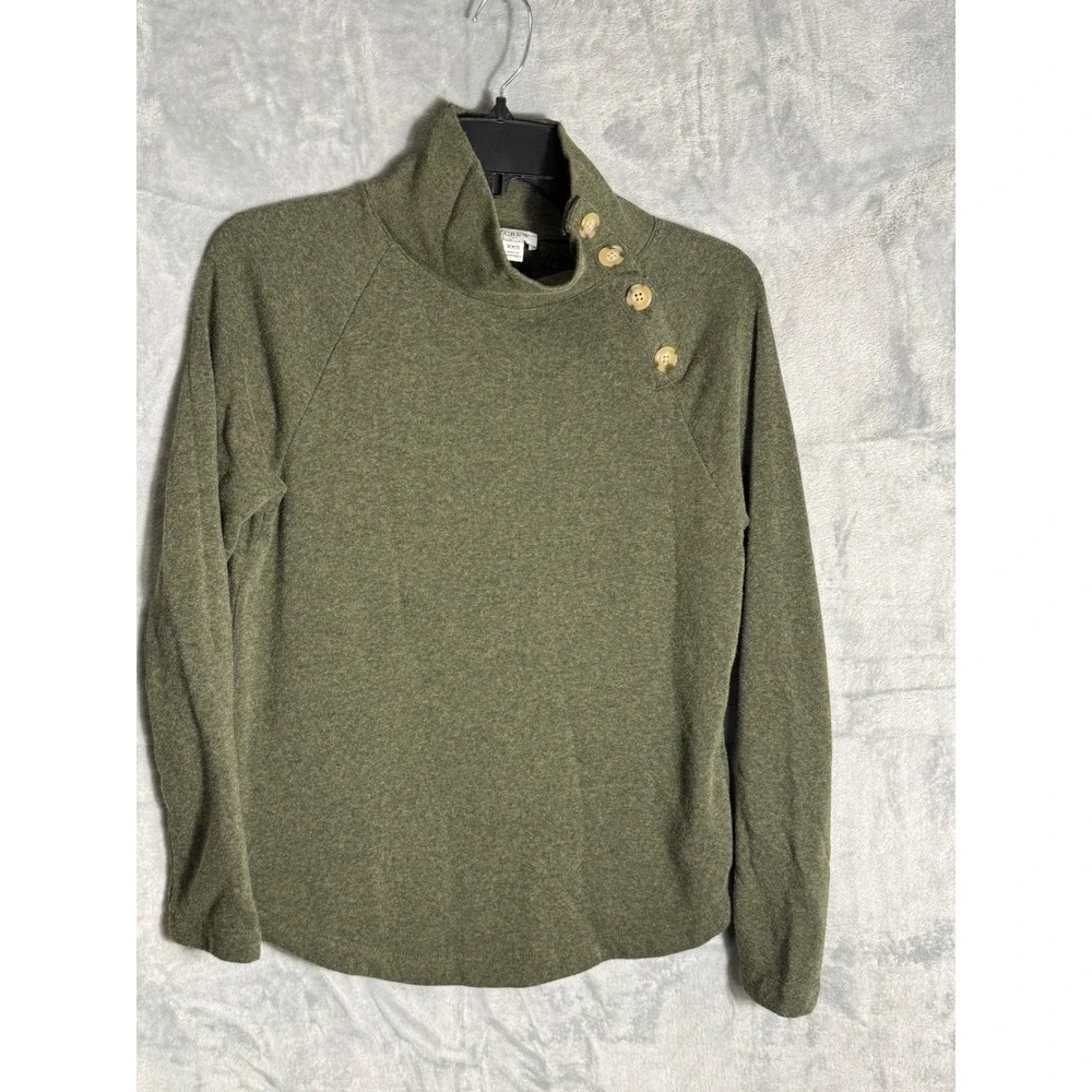 J. Crew Womens XXS Button Collar‎ Funnel Neck Sweatshirt Olive Green  Pullover